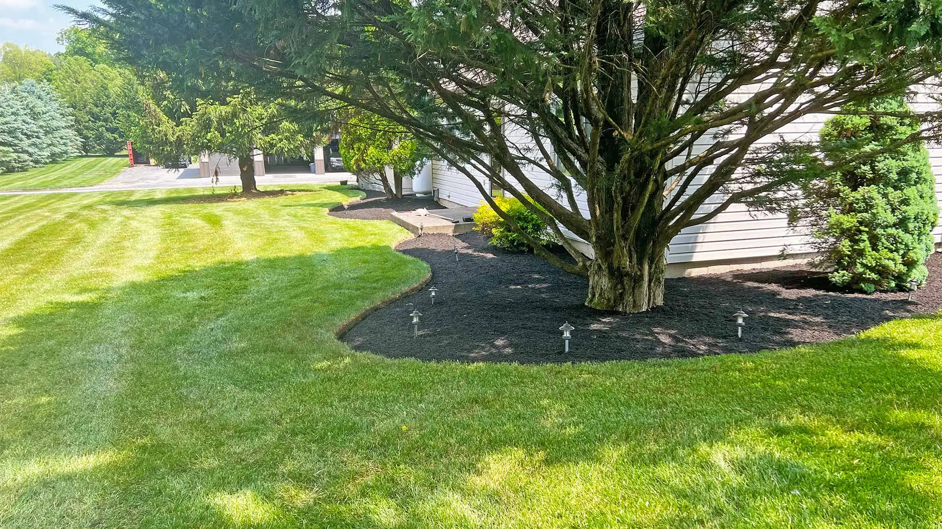 Newly edged landscaping beds with fresh mulch installed in Allentown, PA.