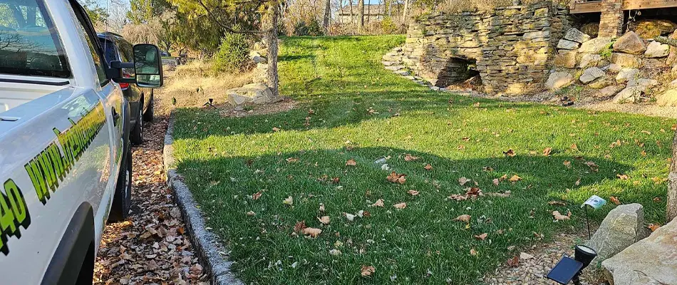 Lawn fertilization equipment after fertilizer treatments applied in Fogelsville, Pennsylvania.